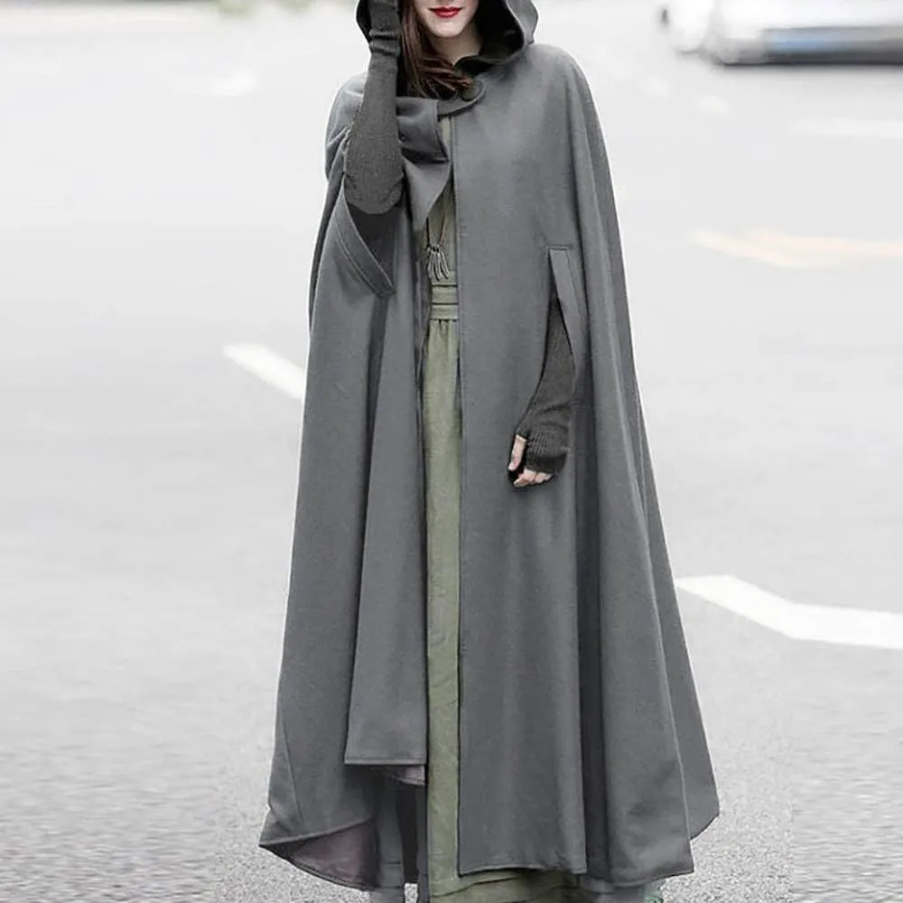 Women Hooded Wool Blend Maxi Long Cape Poncho Maxi Cloak Coat Fall Winter Trench Coat Robe Gothic Plus Size Clothes