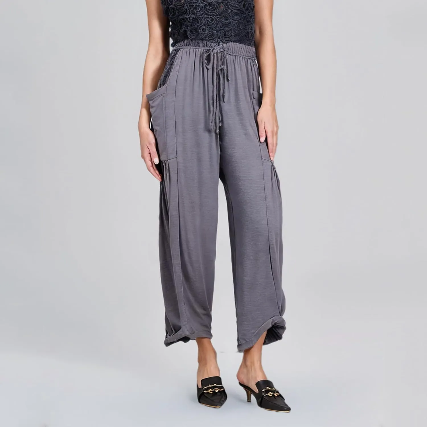 Women Linen Wide Leg Capri Pants Casual Loose Fit Lantern Trousers Drawstring Elastic Waist Palazzo Pants with Pocket