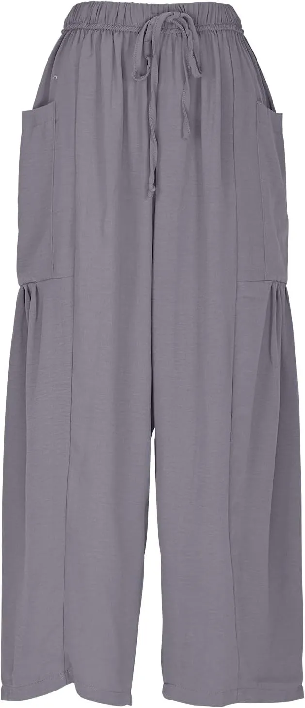 Women Linen Wide Leg Capri Pants Casual Loose Fit Lantern Trousers Drawstring Elastic Waist Palazzo Pants with Pocket