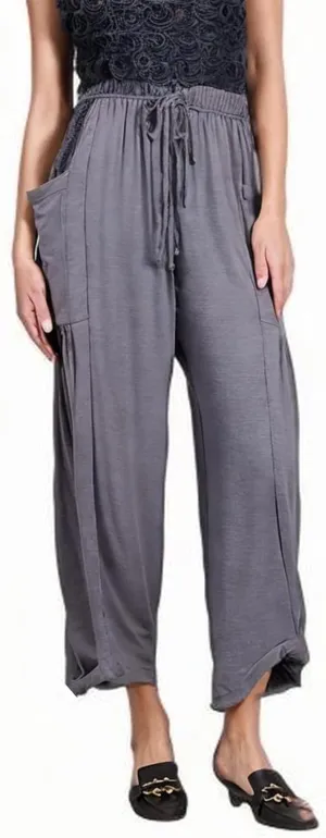 Women Linen Wide Leg Capri Pants Casual Loose Fit Lantern Trousers Drawstring Elastic Waist Palazzo Pants with Pocket