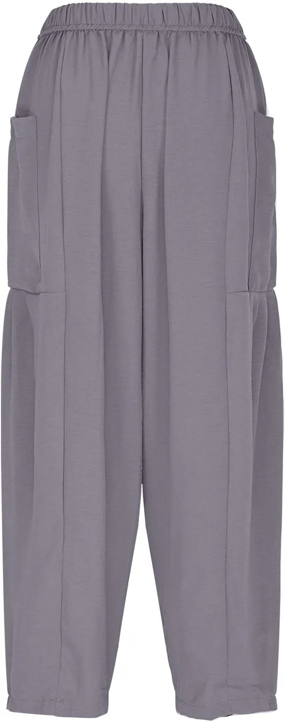 Women Linen Wide Leg Capri Pants Casual Loose Fit Lantern Trousers Drawstring Elastic Waist Palazzo Pants with Pocket