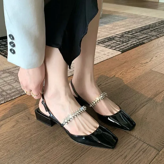 Women rhinestone mary jane vintage slingback outdoor chunky heel sandals