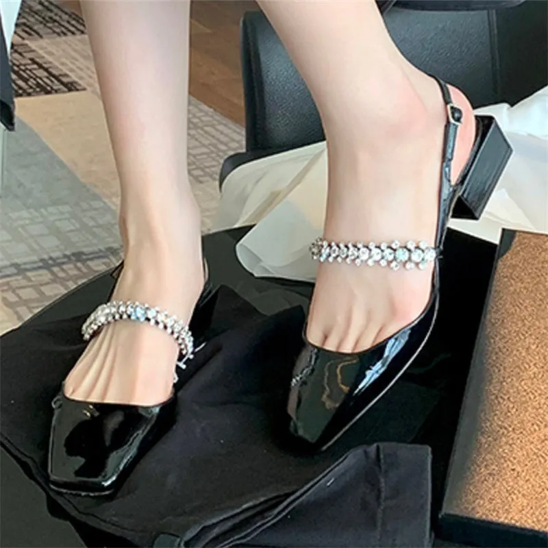 Women rhinestone mary jane vintage slingback outdoor chunky heel sandals