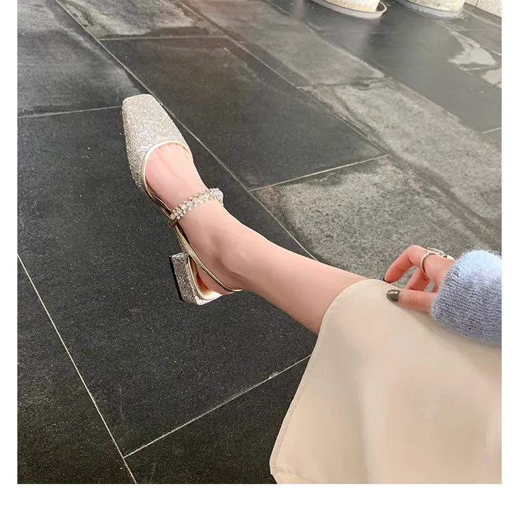 Women rhinestone mary jane vintage slingback outdoor chunky heel sandals