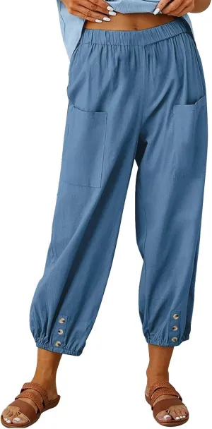 Women Summer Cotton Linen Pants Trousers Lantern Tapered Harem Pants Casual Loose Pull On Capri Pants with Pockets