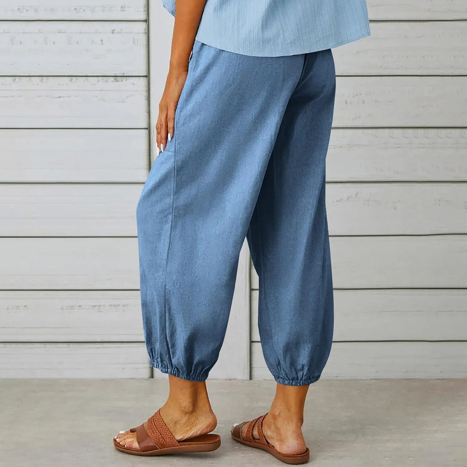 Women Summer Cotton Linen Pants Trousers Lantern Tapered Harem Pants Casual Loose Pull On Capri Pants with Pockets