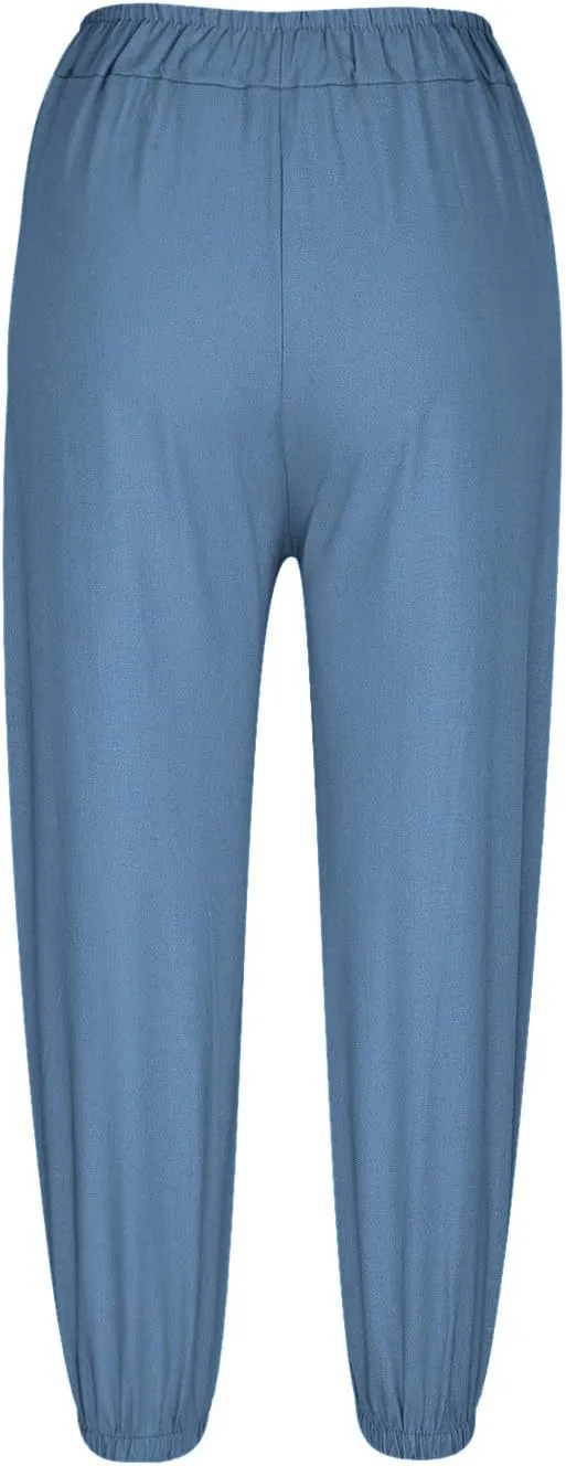 Women Summer Cotton Linen Pants Trousers Lantern Tapered Harem Pants Casual Loose Pull On Capri Pants with Pockets