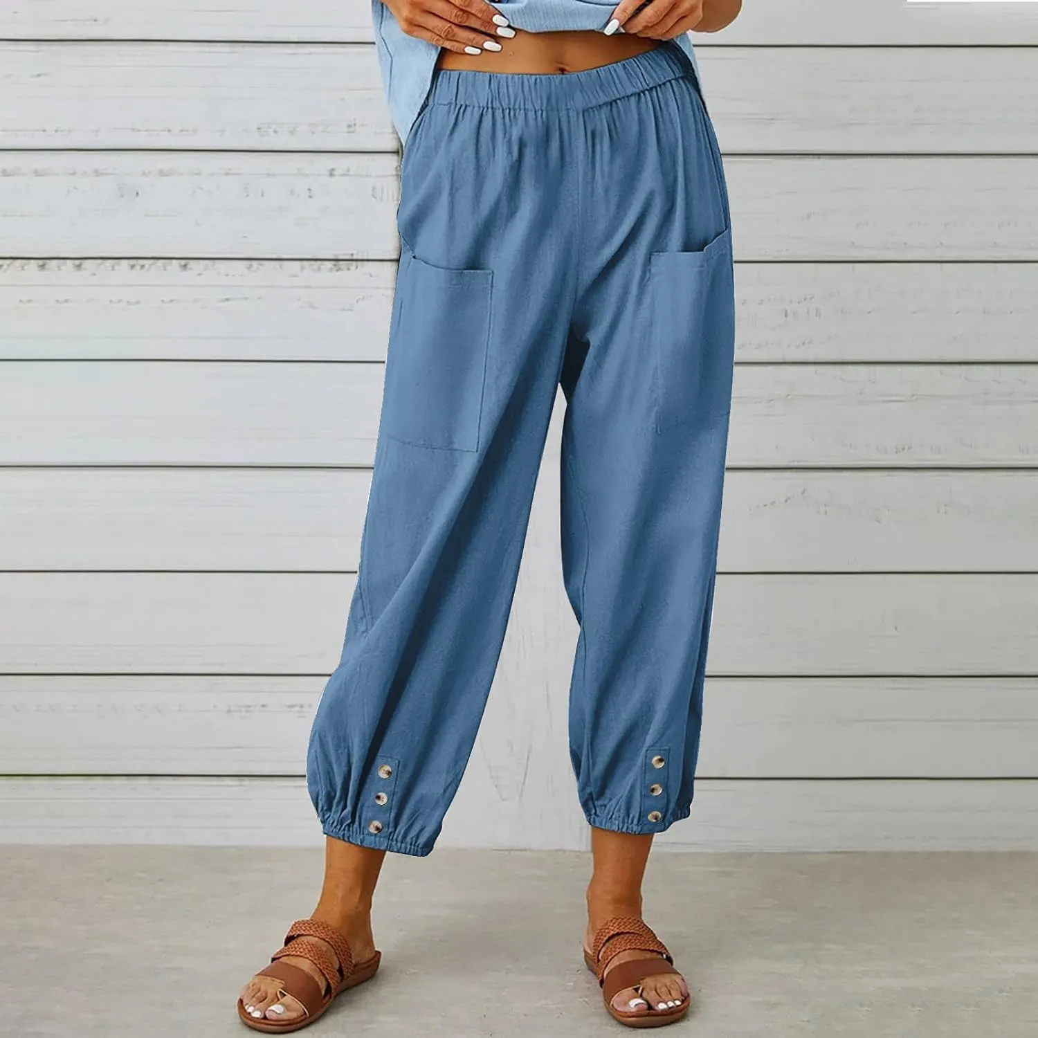Women Summer Cotton Linen Pants Trousers Lantern Tapered Harem Pants Casual Loose Pull On Capri Pants with Pockets