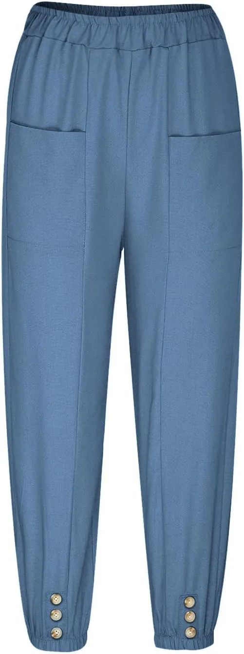 Women Summer Cotton Linen Pants Trousers Lantern Tapered Harem Pants Casual Loose Pull On Capri Pants with Pockets