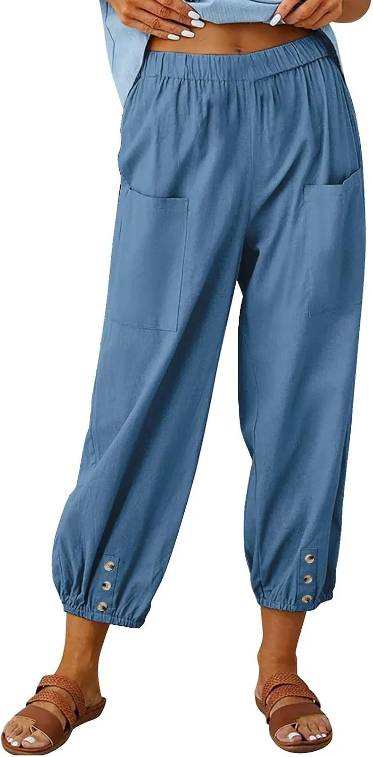 Women Summer Cotton Linen Pants Trousers Lantern Tapered Harem Pants Casual Loose Pull On Capri Pants with Pockets