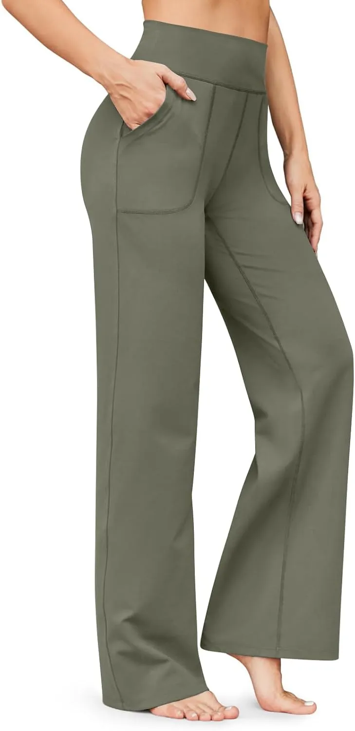 Women Wide Leg Yoga Pants with Pockets Tummy Control Flare Leggings Straight Leg Sweatpants Stretch Lounge Pants