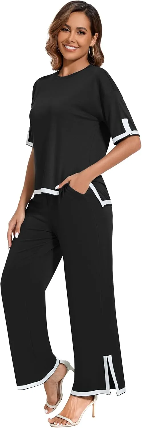 Women's 2025 Summer 2 Piece Outfits Casual Short Sleeve Crewneck TShirt High Waist Pants Tracksuit With Pockets