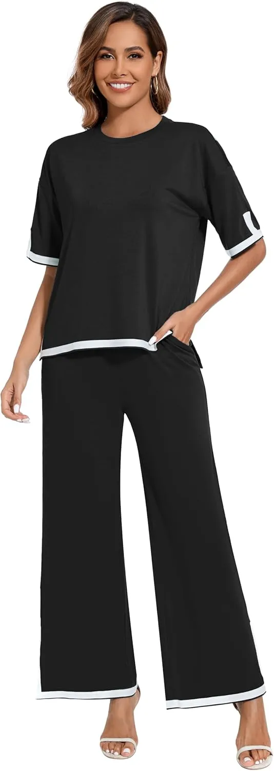 Women's 2025 Summer 2 Piece Outfits Casual Short Sleeve Crewneck TShirt High Waist Pants Tracksuit With Pockets