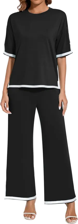 Women's 2025 Summer 2 Piece Outfits Casual Short Sleeve Crewneck TShirt High Waist Pants Tracksuit With Pockets