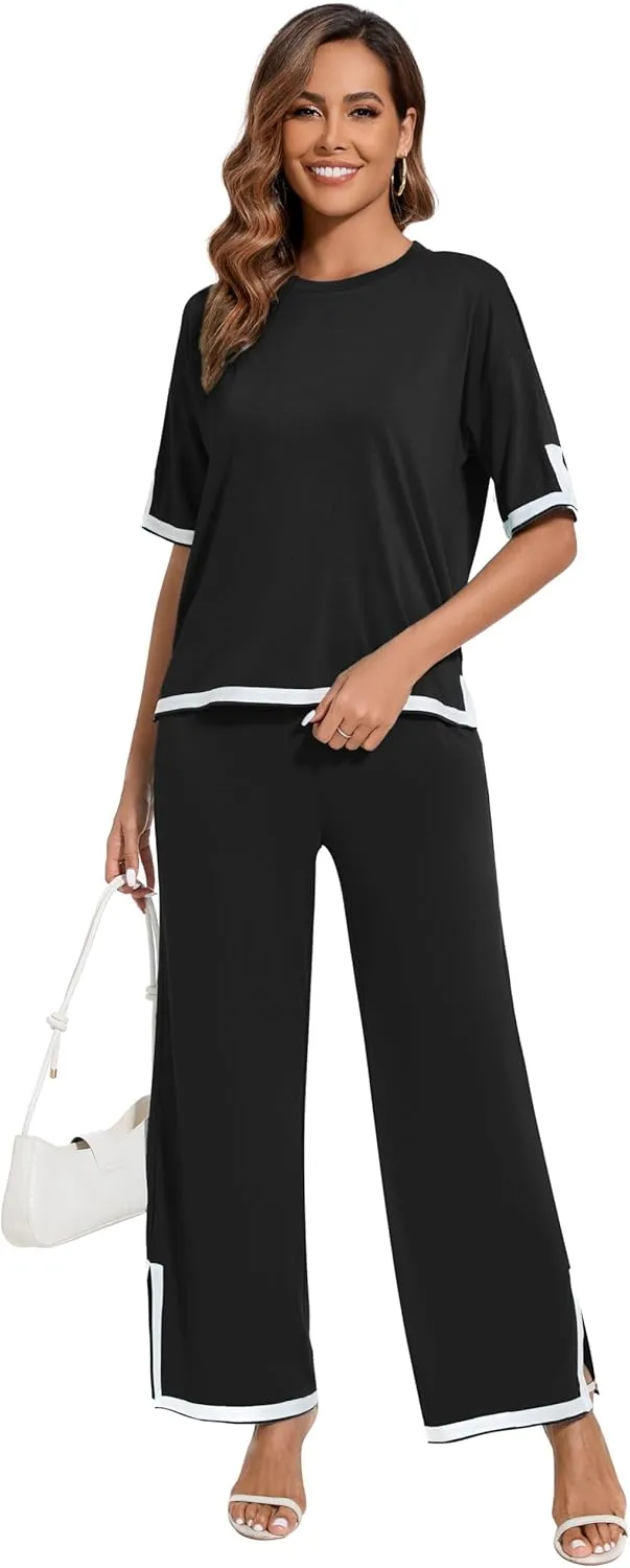 Women's 2025 Summer 2 Piece Outfits Casual Short Sleeve Crewneck TShirt High Waist Pants Tracksuit With Pockets
