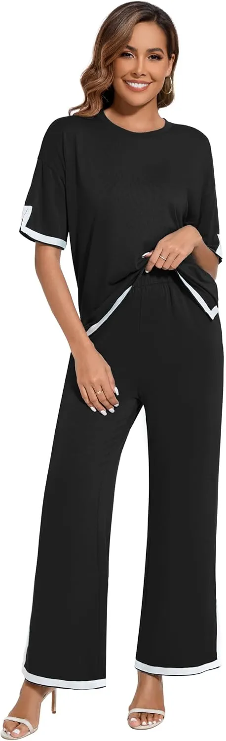 Women's 2025 Summer 2 Piece Outfits Casual Short Sleeve Crewneck TShirt High Waist Pants Tracksuit With Pockets