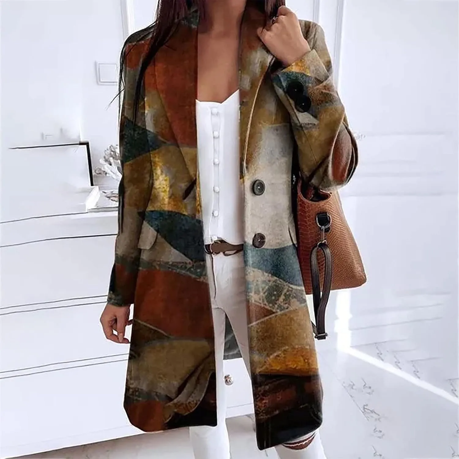 Women's Aztec Peacoat Ethnic Printed Loose Fit Lapel Trench Coat Vintage Casual Single Breasted Wool Blend Overcoat