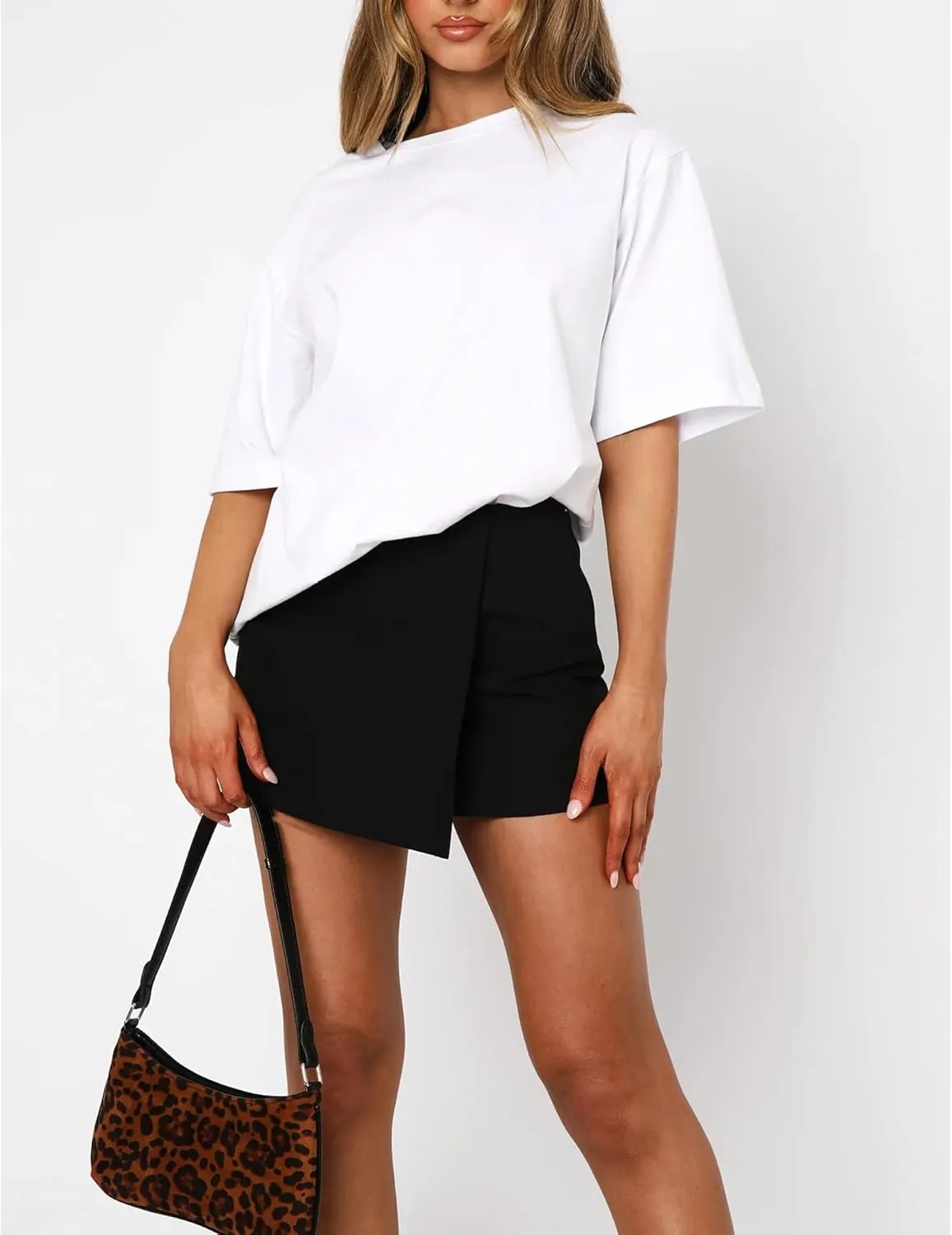 Womens Black Mini Skirt Skorts Sexy Mid-Waisted Front Split Bodycon Pencil Skirts with Shorts Underneath