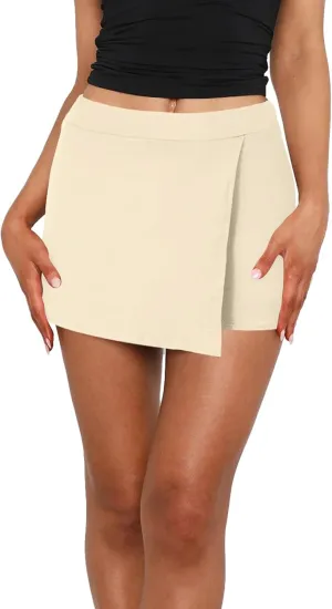 Womens Black Mini Skirt Skorts Sexy Mid-Waisted Front Split Bodycon Pencil Skirts with Shorts Underneath