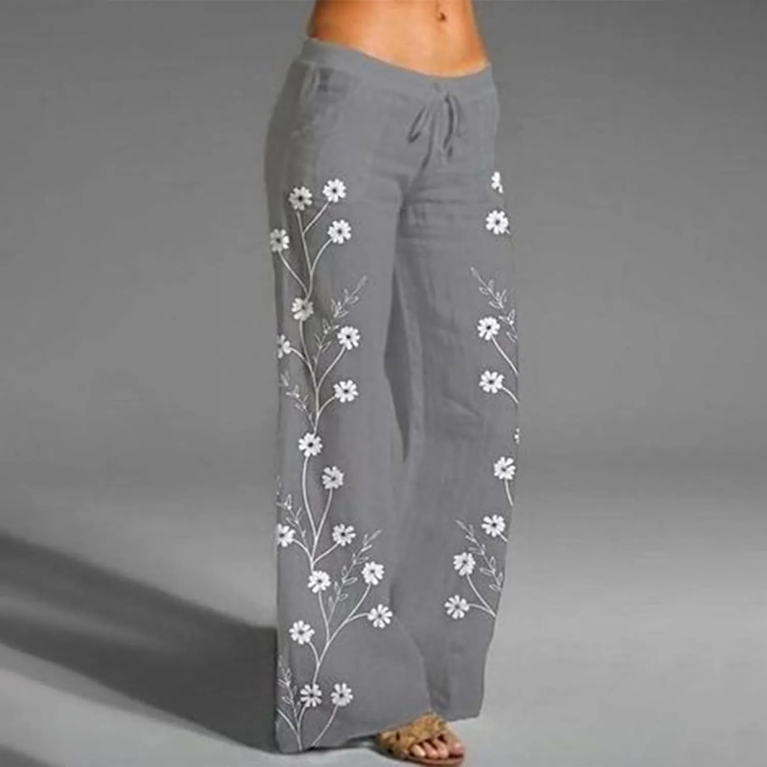 Women's Boho Floral Pants Linen Palazzo Wide Leg Lounge Pant Casual Yoga Flowy High Waist Trousers with Pockets