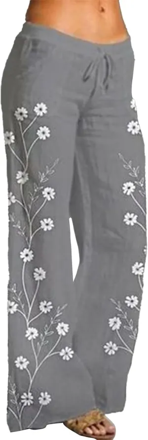 Women's Boho Floral Pants Linen Palazzo Wide Leg Lounge Pant Casual Yoga Flowy High Waist Trousers with Pockets