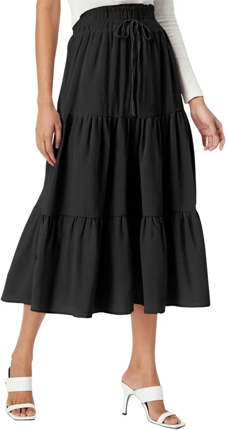 Womens Boho Skirt Elastic High Waist Pleated A-Line Flowy Swing Tiered Maxi Skirt 2025 Trendy Long Skirt Dress