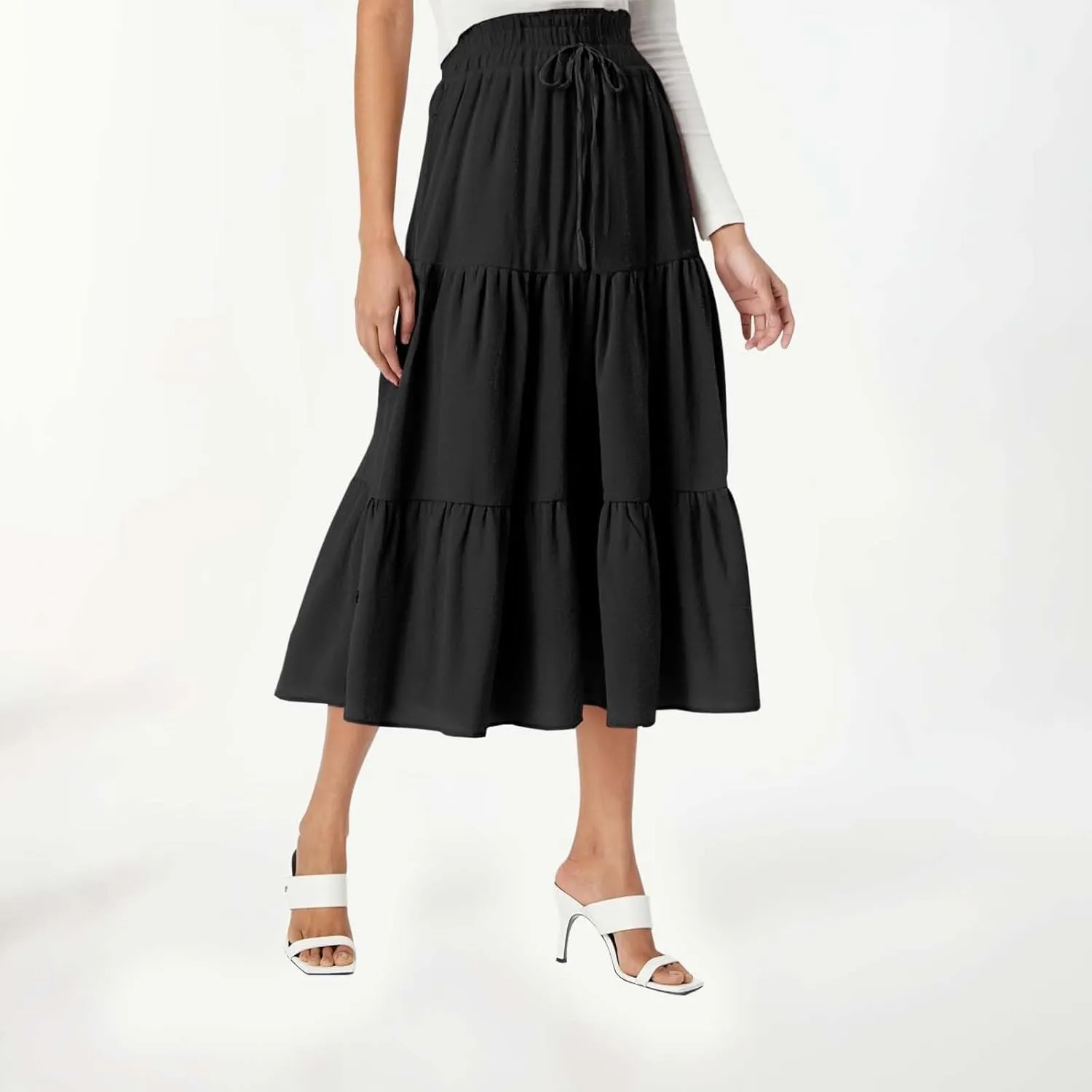 Womens Boho Skirt Elastic High Waist Pleated A-Line Flowy Swing Tiered Maxi Skirt 2025 Trendy Long Skirt Dress