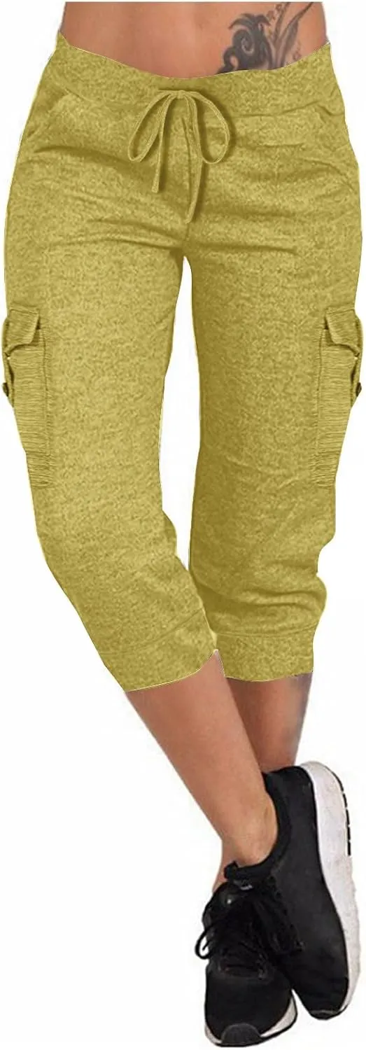 Women's Capri Pants Summer Elastic High Waisted Drawstring Yoga Leggings Lightweight Cropped Pants with Pocket Travel Hiking