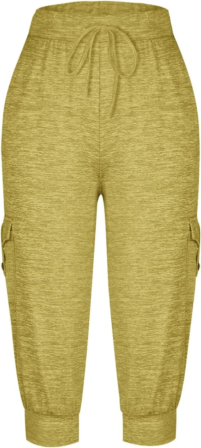 Women's Capri Pants Summer Elastic High Waisted Drawstring Yoga Leggings Lightweight Cropped Pants with Pocket Travel Hiking