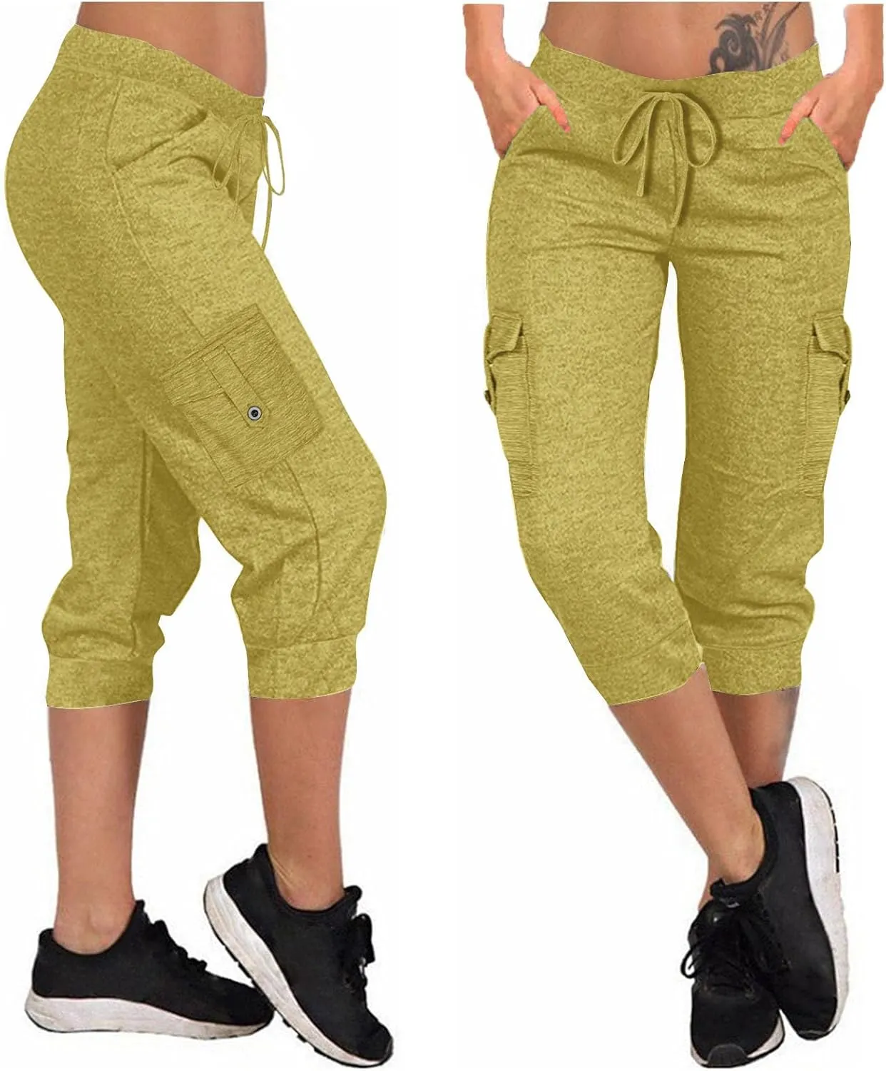 Women's Capri Pants Summer Elastic High Waisted Drawstring Yoga Leggings Lightweight Cropped Pants with Pocket Travel Hiking
