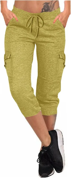 Women's Capri Pants Summer Elastic High Waisted Drawstring Yoga Leggings Lightweight Cropped Pants with Pocket Travel Hiking