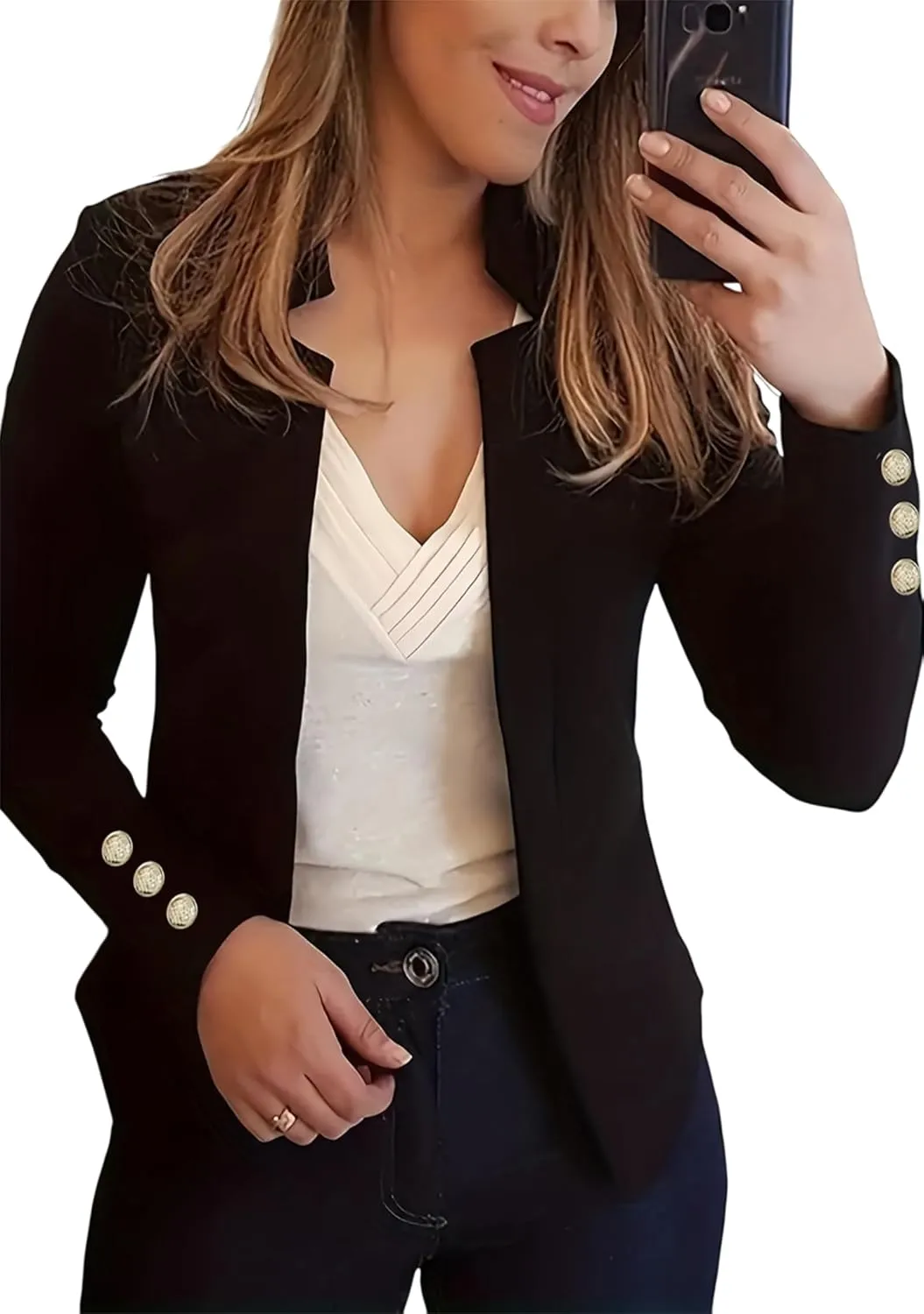 Womens Casual Business Autumn Blazers Button Lapel Suits Open Front Solid Color Jackets