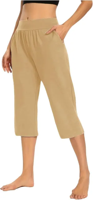 Women's Casual Capri Pants Summer Loose Yoga Pants Comfy Workout Pants High Waist Capri Trousers with Pockets