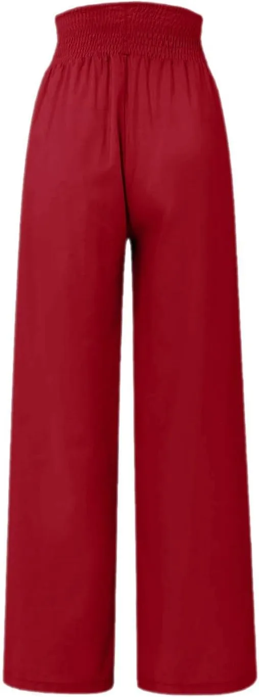 Women's Casual Cotton Linen Button Down Pants Ruffled High Waist Wide Leg Trousers Business Casual Pants with Pockets