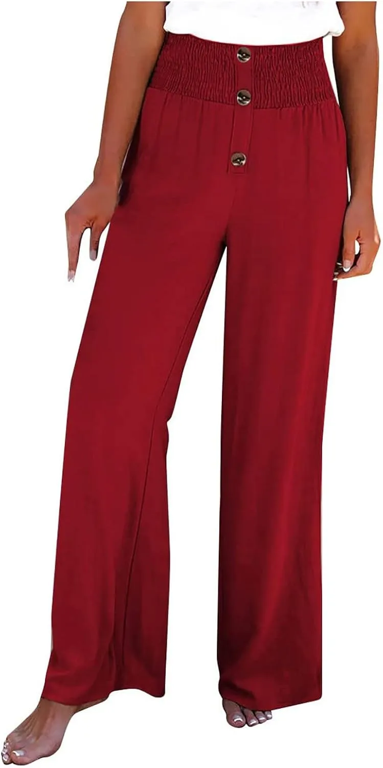 Women's Casual Cotton Linen Button Down Pants Ruffled High Waist Wide Leg Trousers Business Casual Pants with Pockets