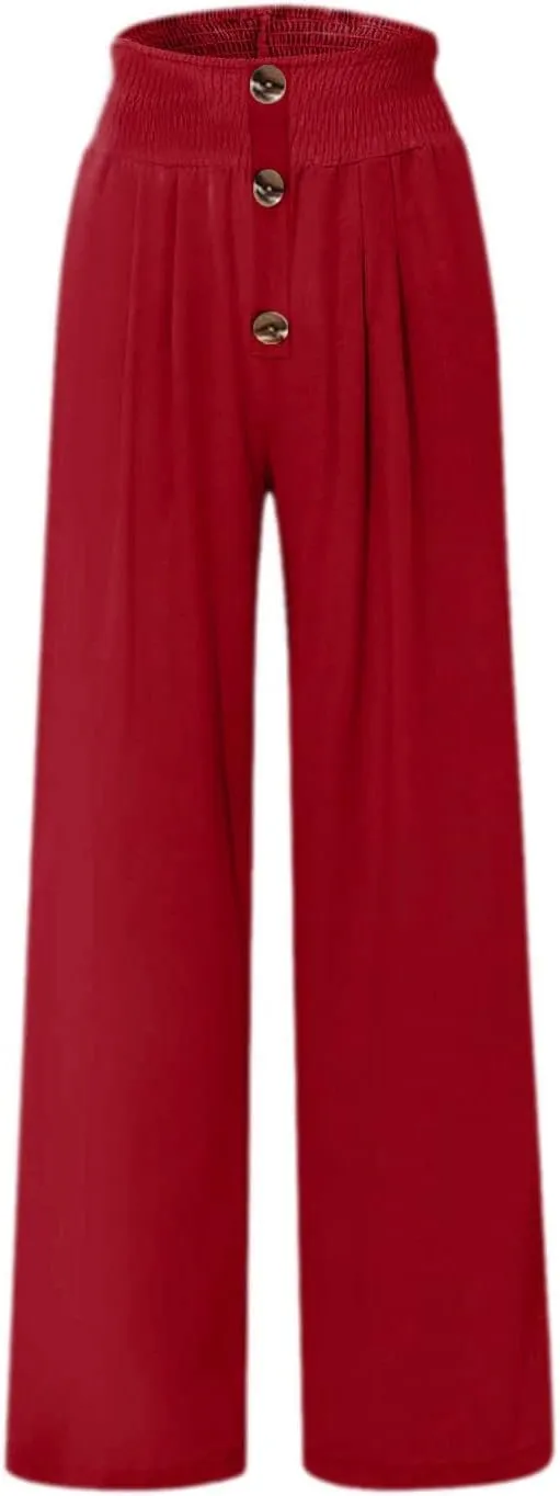 Women's Casual Cotton Linen Button Down Pants Ruffled High Waist Wide Leg Trousers Business Casual Pants with Pockets
