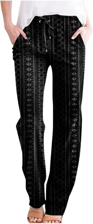 Womens Casual Cotton Linen Pants Lightweight Summer Boho Pants Comfy Elastic Waist Plus Size Lounge Long Trousers