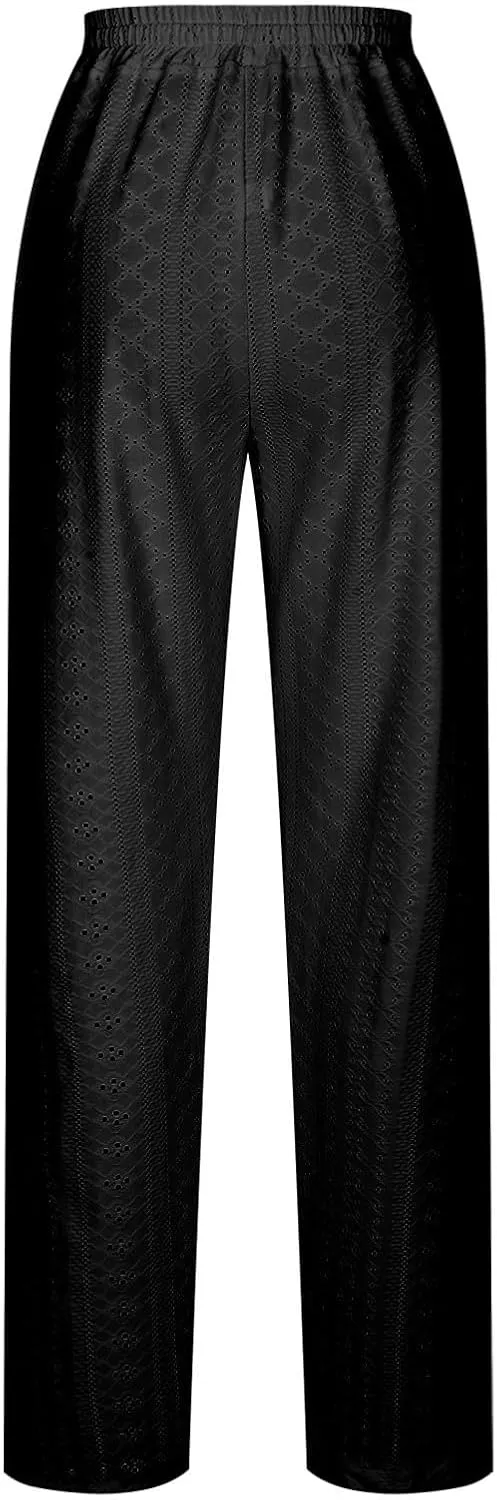 Womens Casual Cotton Linen Pants Lightweight Summer Boho Pants Comfy Elastic Waist Plus Size Lounge Long Trousers