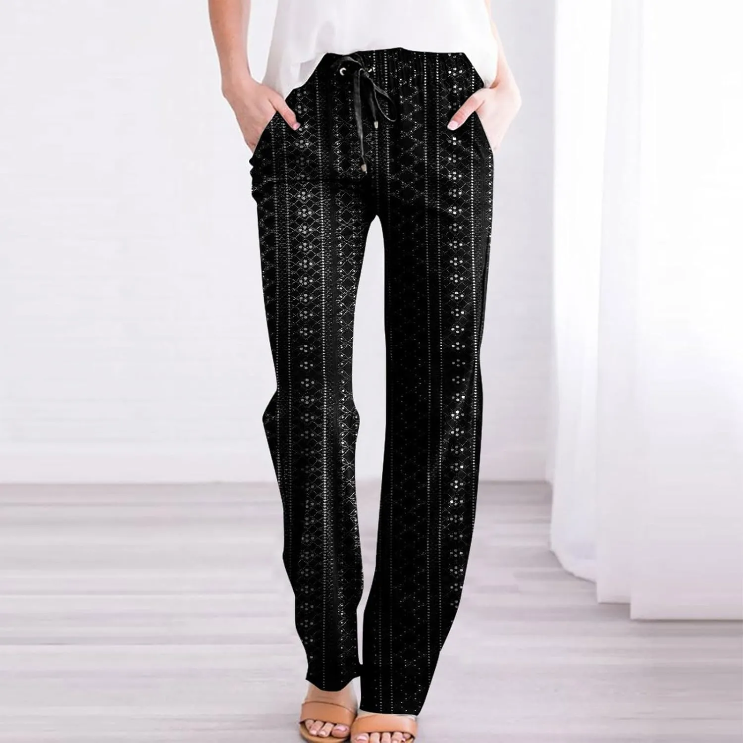 Womens Casual Cotton Linen Pants Lightweight Summer Boho Pants Comfy Elastic Waist Plus Size Lounge Long Trousers