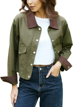 Women's Casual Cropped Jackets Lightweight Utility Anorak Coat Cotton Military Jacket