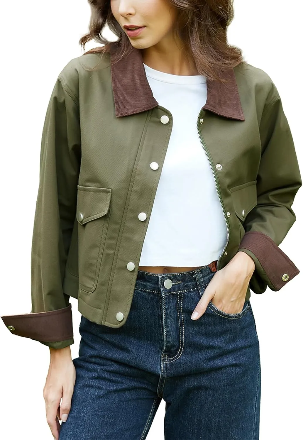 Women's Casual Cropped Jackets Lightweight Utility Anorak Coat Cotton Military Jacket