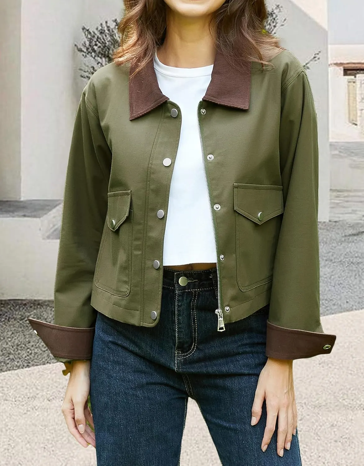 Women's Casual Cropped Jackets Lightweight Utility Anorak Coat Cotton Military Jacket