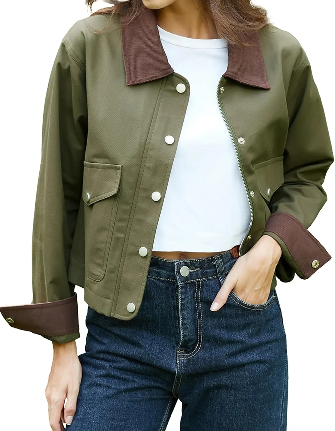 Women's Casual Cropped Jackets Lightweight Utility Anorak Coat Cotton Military Jacket