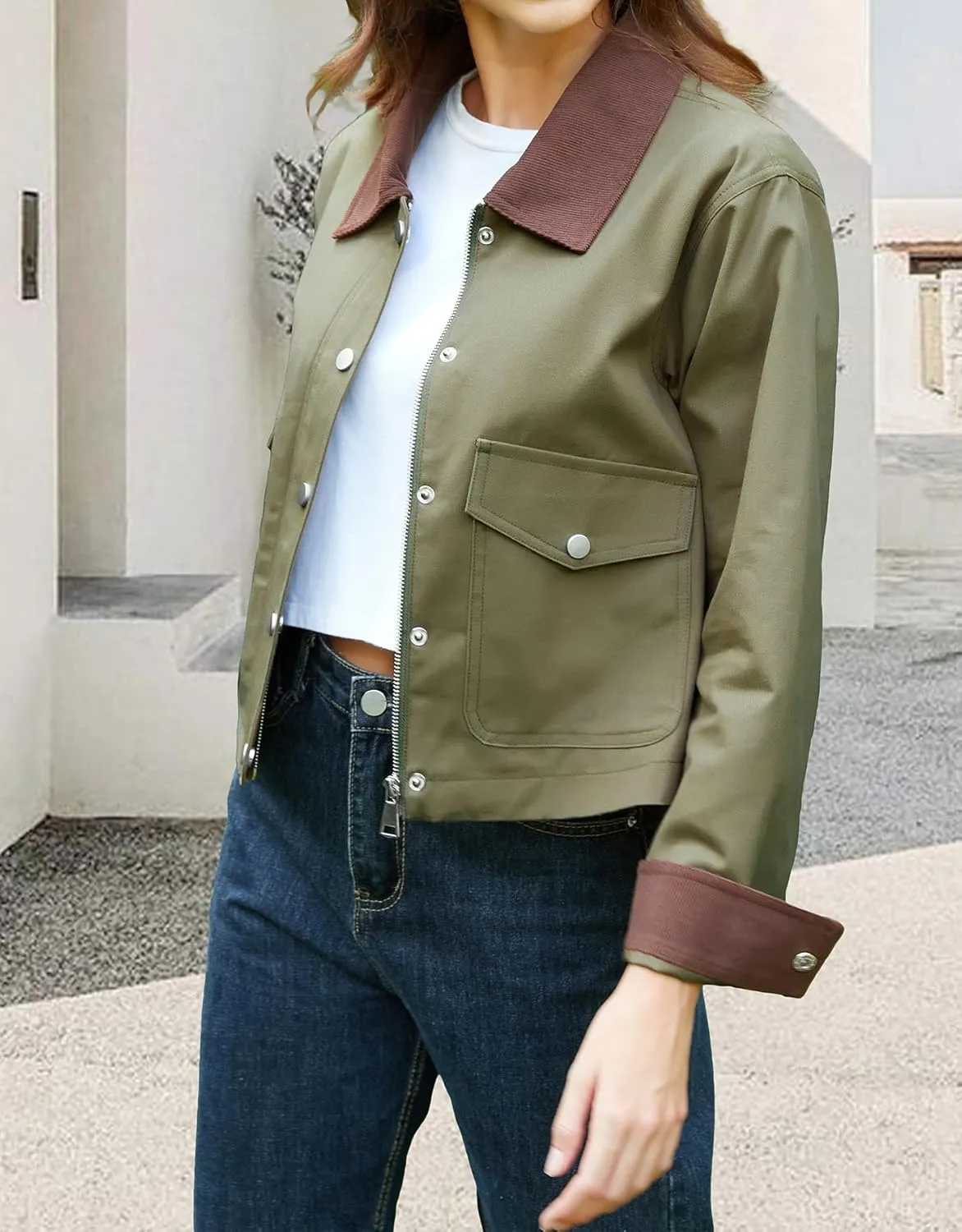 Women's Casual Cropped Jackets Lightweight Utility Anorak Coat Cotton Military Jacket