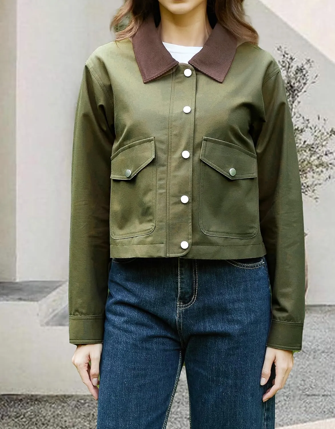 Women's Casual Cropped Jackets Lightweight Utility Anorak Coat Cotton Military Jacket