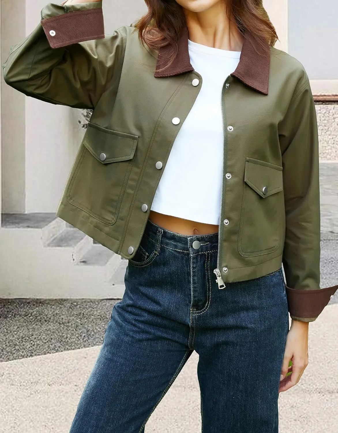 Women's Casual Cropped Jackets Lightweight Utility Anorak Coat Cotton Military Jacket