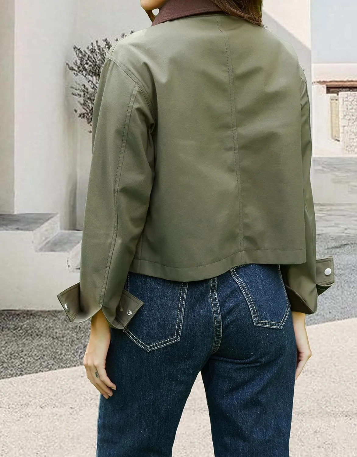 Women's Casual Cropped Jackets Lightweight Utility Anorak Coat Cotton Military Jacket