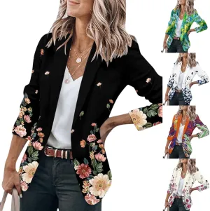 Womens Casual Floral Blazers Open Front Long Sleeve Work Office Jackets Coat Black