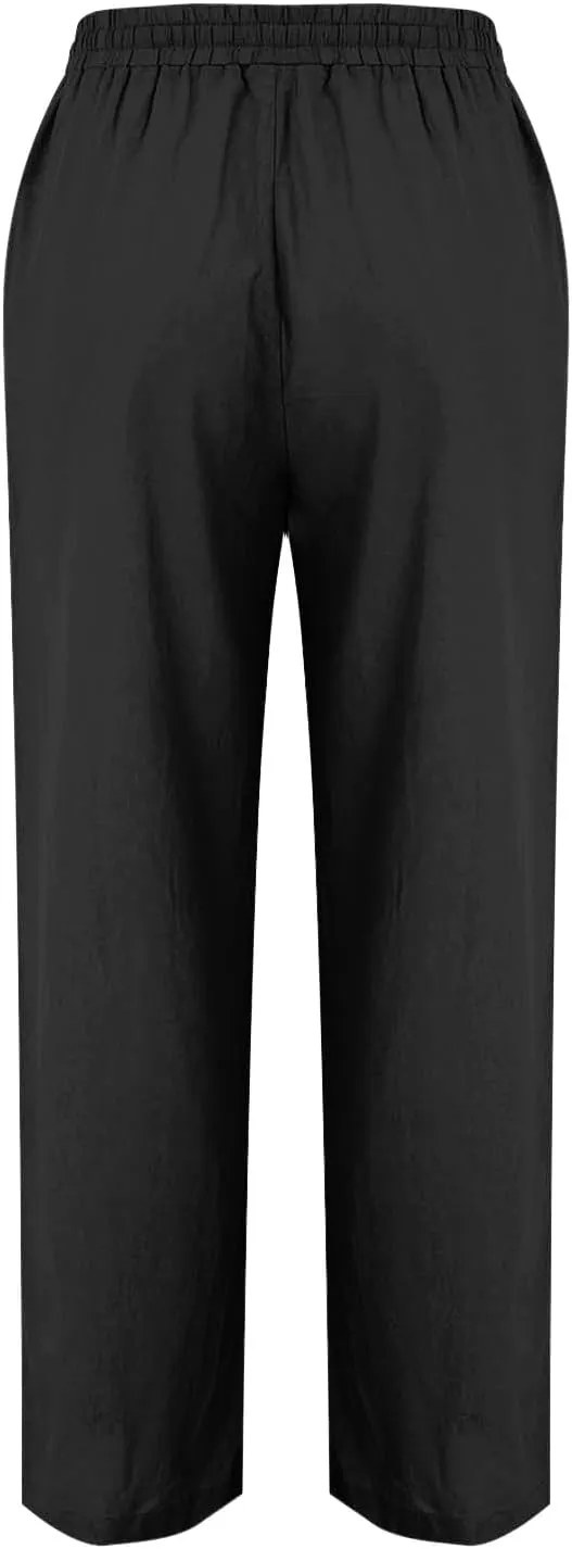 Womens Casual Linen Pants Summer Lightweight High Waist Loose Fit Lounge Pants Straight Leg Trousers with Pockets