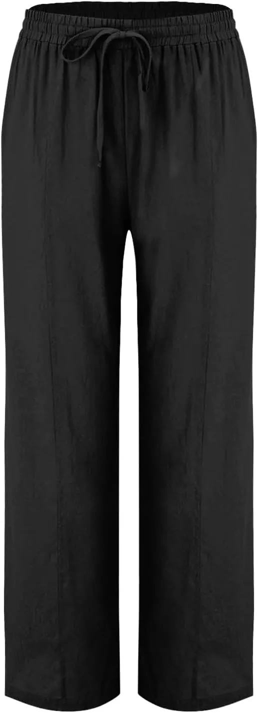 Womens Casual Linen Pants Summer Lightweight High Waist Loose Fit Lounge Pants Straight Leg Trousers with Pockets